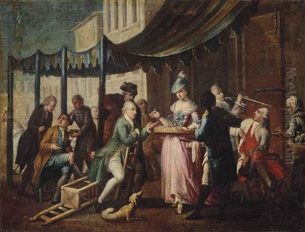 Elegantly-dressed Men Seated Below An Awning, With An Usherette And Other Figures Oil Painting by Pietro Fabris