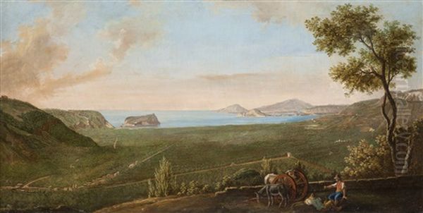 Veduta Del Golfo Di Pozzuoli Visto Da Sopra Bagnoli, Con L'isola Di Nisida A Sinistra, Baia, Bacoli A Destra Sul Mare, Il Capo Miseno E Dietro Il Monte Di Procida In Fondo Oil Painting by Pietro Fabris