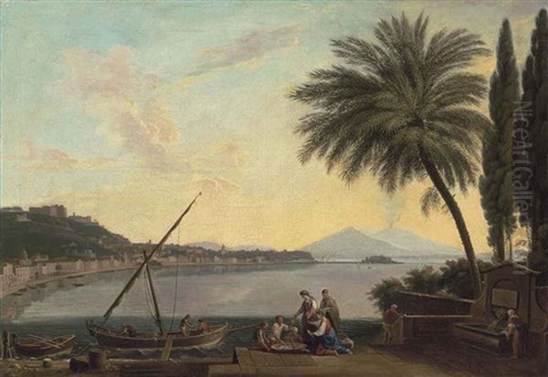 A View Of The Bay Of Naples From The Strada Di Posillipo, Looking East, With The Riviera Di Chiaia And Fishermen Selling Their Catch By A Palm Tree... Oil Painting by Pietro Fabris