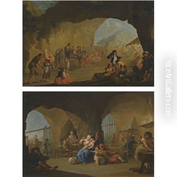 Peasents Dancing In A Grotto (+ An Interior With Domestic Activities; Pair) Oil Painting by Pietro Fabris