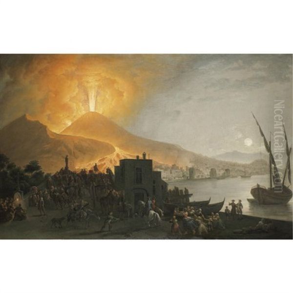 The Eruption Of Vesuvius Of, Seen From The Ponte Della Maddalena, Naples Oil Painting by Pietro Fabris