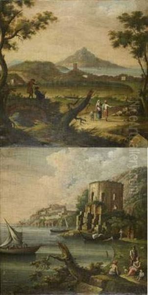 Dessinateurs Et Promeneurs Dans La Baie De Naples (+ Pecheurs Pres Du Temple De Diane; Pair) Oil Painting by Pietro Fabris