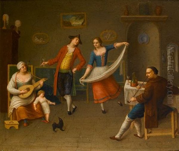 An Interior With Figures Dancing, Drinking And Smoking Oil Painting by Pietro Fabris