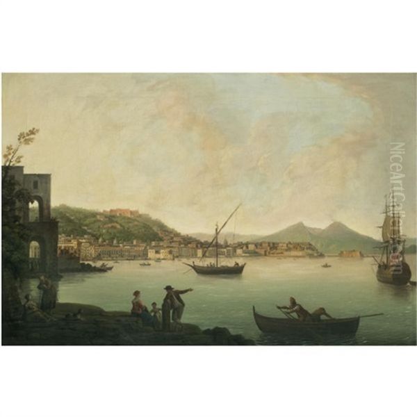 A View Of The Bay Of Naples From Posillipo With Figures On The Shore In The Foreground And Mount Vesuvius In The Distance Beyond Oil Painting by Pietro Fabris