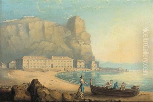 A Mediterranean Coastal Landscape With Fishermen On A Beach Oil Painting by Pietro Fabris