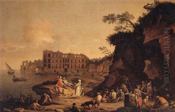 A Mediterranean Port Scene With Fishermen Drawing Their Catch, Peasants Grilling Fish And Other Figures Talking Amongst Themselves Oil Painting by Pietro Fabris