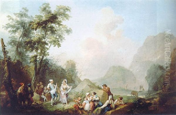 A Pastoral Landscape With Peasants Dancing And Resting In The Foreground, A Waterfall And Mountains Beyond by Pietro Fabris