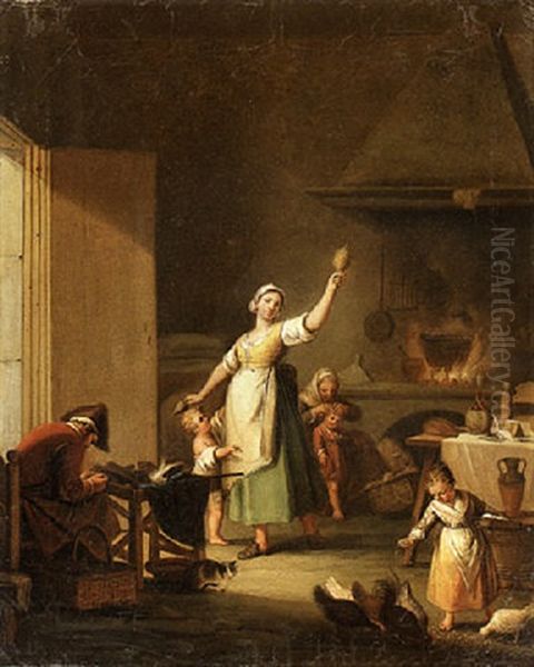 A Woman Spinning Wool, A Man Mending Shoes And A Young Girl Feeding Chickens In A Kitchen Oil Painting by Pietro Fabris