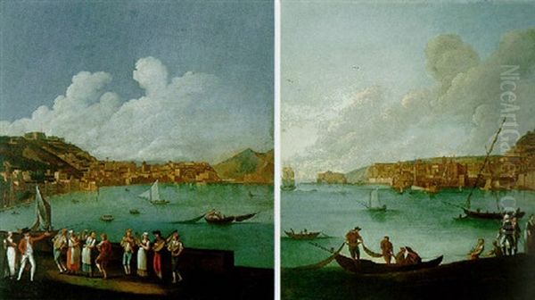 Naples, A View Of The Bay From Mergellina With Figures Dancing, Mount Vesuvius Beyond Oil Painting by Pietro Fabris