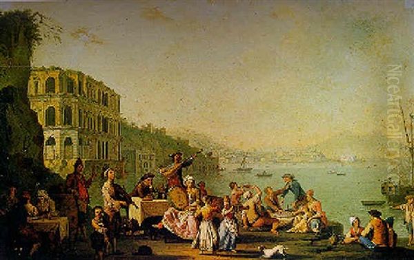 Naples, A View Of The Bay Of Naples With Mount Vesuvius In The Distance And Figures Making Music In Foreground Oil Painting by Pietro Fabris