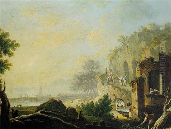 Southern Landscape With Peasants Along A Rocky Shore Oil Painting by Pietro Fabris