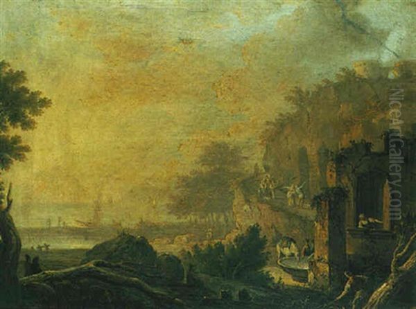 A Landcape With Figures Among Ruins And A Harbour Beyond Oil Painting by Pietro Fabris