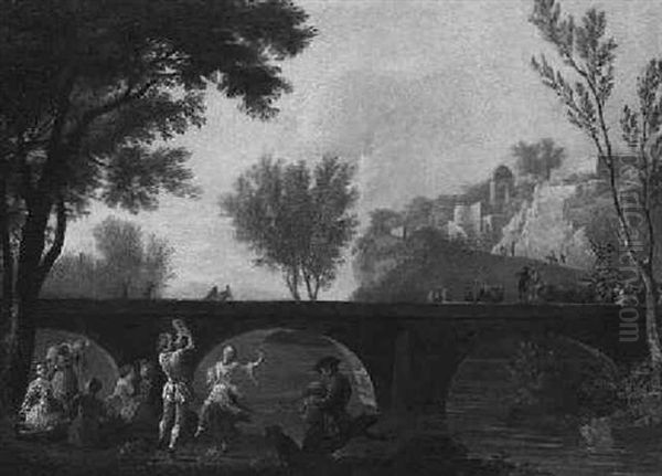 An Italianate River Landscape With A Procession On A Bridge And Couples Dancing And Merrymaking In The Foreground Oil Painting by Pietro Fabris