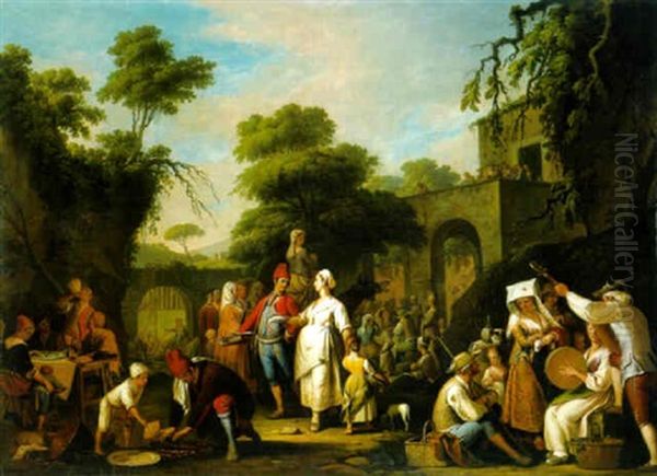 A Tarantella With Villagers Feasting And Making Music By A Villa Oil Painting by Pietro Fabris