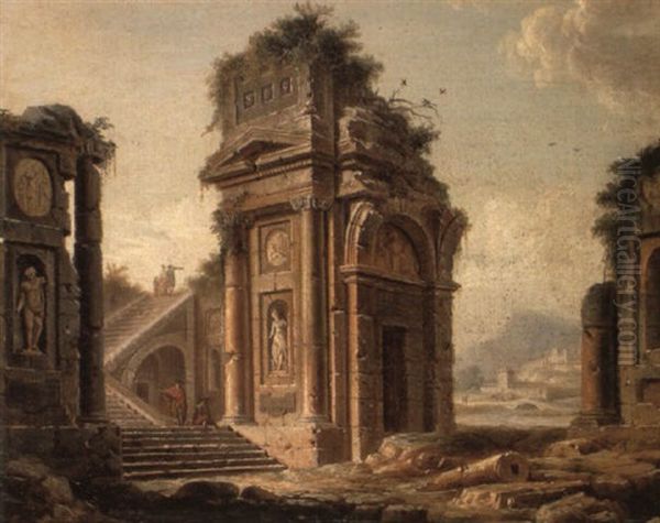 A Capriccio Of Classical Ruins With Figures Conversing On A Staircase Oil Painting by Pietro Fabris