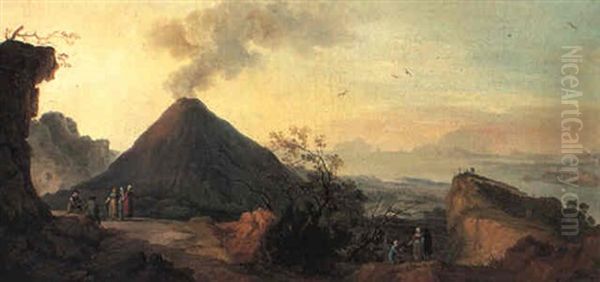 View Of The Bay Of Naples With Vesuvius Erupting Oil Painting by Pietro Fabris