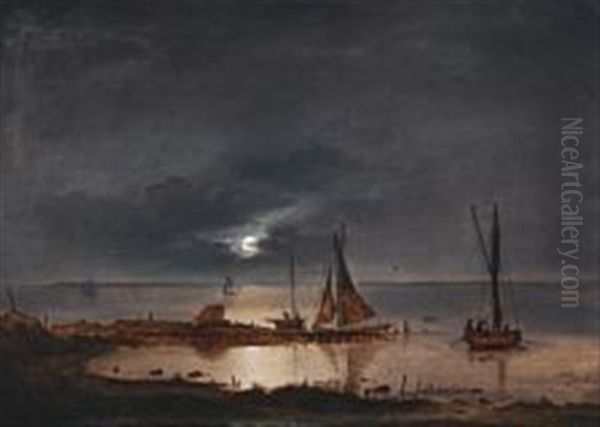 Coastal Scenery With Small Vessels In The Moonlight Oil Painting by Frederik Michael Ernst Fabritius de Tengnagel