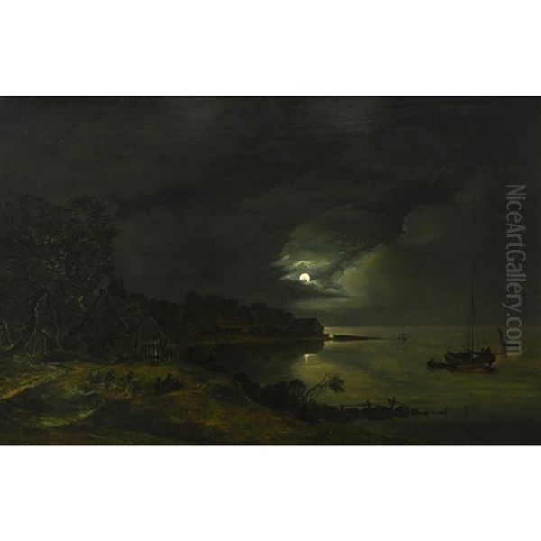 Danische Kustenlandschaft Bei Mondschein / Danish Coastal Landscape At Moonlight Oil Painting by Frederik Michael Ernst Fabritius de Tengnagel