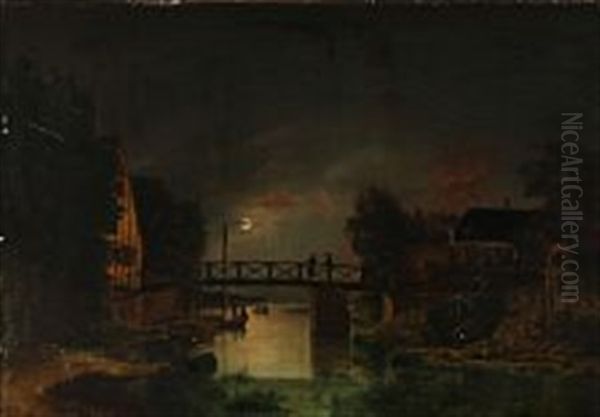 Canal Bathed In Moonlight Oil Painting by Frederik Michael Ernst Fabritius de Tengnagel