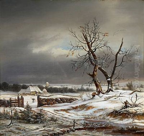 Quiet Winter Day At Gentofte Village Oil Painting by Frederik Michael Ernst Fabritius de Tengnagel