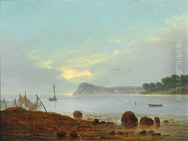 A Coastal Scene In The Evening. In The Foreground Fishing Net Hanging Out To Dry Oil Painting by Frederik Michael Ernst Fabritius de Tengnagel