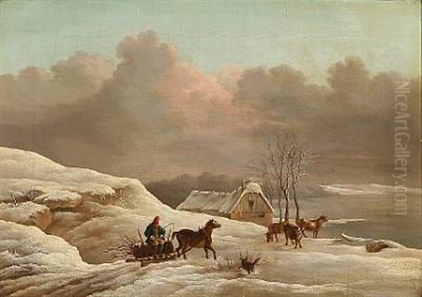 Winter Landscape With A Man Driving Wood On A Carriage Oil Painting by Frederik Michael Ernst Fabritius de Tengnagel