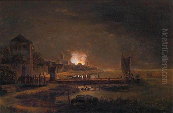 Nachtliche Feuersbrunst In Einer Hafenstadt Oil Painting by Frederik Michael Ernst Fabritius de Tengnagel