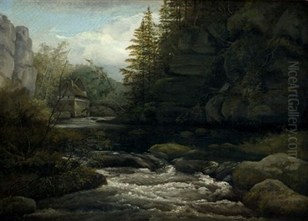 Die Lochmuhle Im Liebethaler Grund Oil Painting by Frederik Michael Ernst Fabritius de Tengnagel