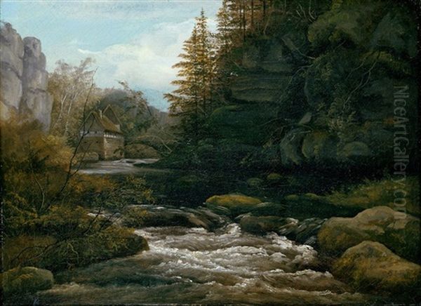 Die Lochmuhle Im Liebethaler Grund In Der Sachsischen Schweiz Oil Painting by Frederik Michael Ernst Fabritius de Tengnagel