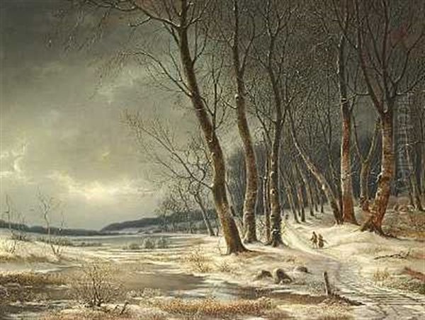 Vinter I Skoven Med Kone Og Mand, Der Sanker Braende Pa En Sti Oil Painting by Frederik Michael Ernst Fabritius de Tengnagel