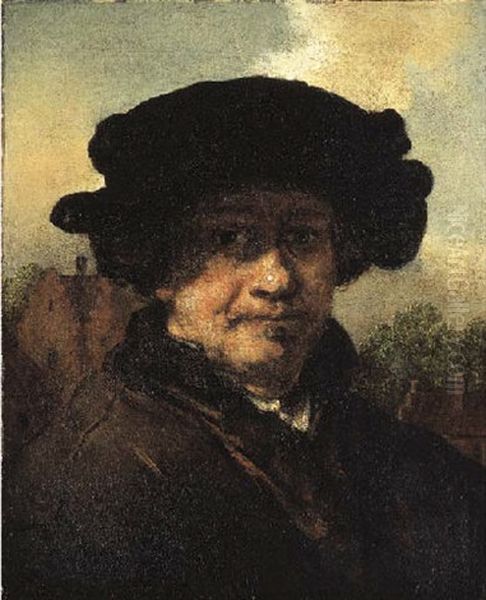 Portrait Of Rembrandt Harmensz, Van Rijn In A Brown Coat And Black Hat, A Landscape Beyond Oil Painting by Carel Fabritius