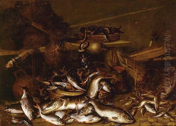 Still Life Of Fish, Eels, And Fishing Nets Oil Painting by Johannes Fabritius