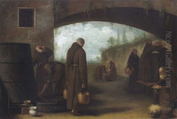 Arbeitende Monche Im Klosterhof Oil Painting by Giovanni Facciola