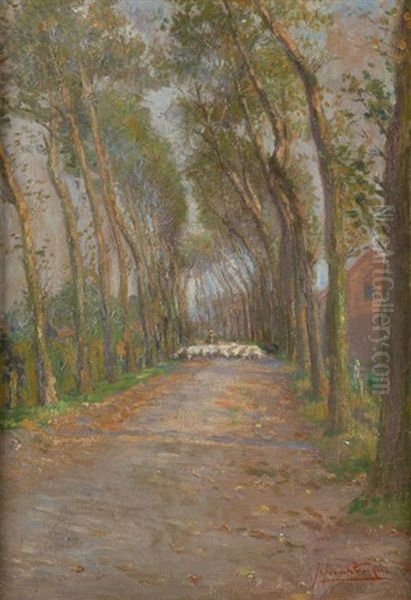 Troupeau De Moutons Dans Une Allee Oil Painting by Jan van de Fackere