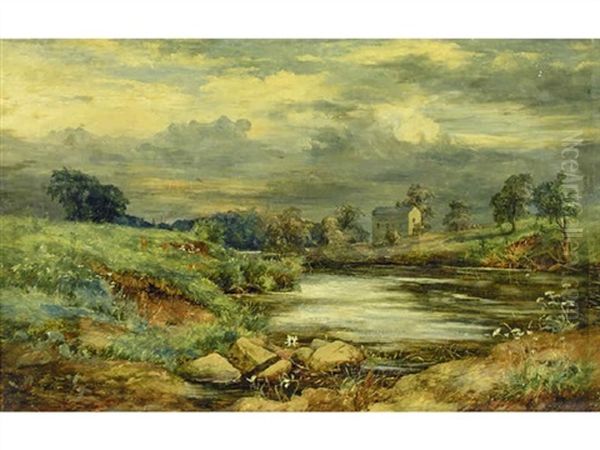 Untitled - Stone Cottage By A Pond Oil Painting by James Faed the Younger