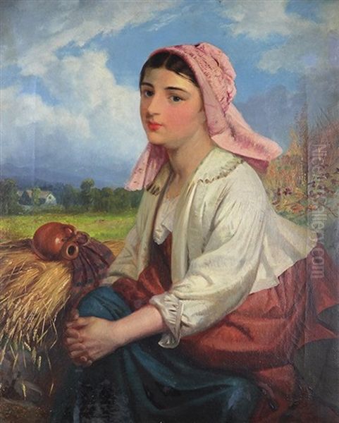 Girl In Pink Bonnet With Wheat Oil Painting by James Faed