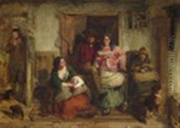 A Family In A Cottage Interior Oil Painting by Thomas Faed