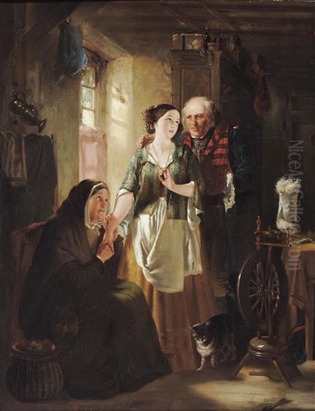 Cottage Interior With Figures Beside A Sunlit Window, A Cat And Spinning Wheel In The Foreground Oil Painting by Thomas Faed