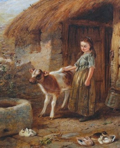 Yound Girl With Pet Calf Oil Painting by Thomas Faed