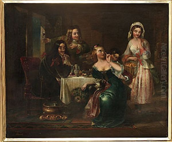 Interior Med Festande Sallskap Oil Painting by Thomas Faed