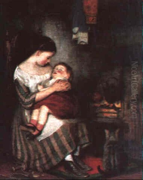 Mother And Sleeping Child By A Fireplace With Seated Cat by Thomas Faed