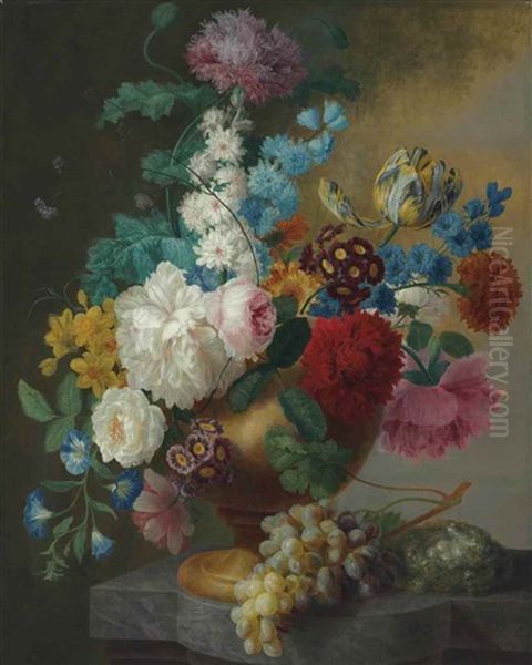 Roses, Daffodils, Morning Glory, A Parrot Tulip And Other Flowers In A Bronze Urn On A Marble Ledge, With A Butterfly, Ants, Grapes And A Bird's Nest Oil Painting by Pieter Faes