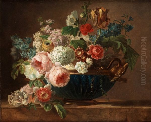 Still Life With Roses, Primulas, Ranunculus, Hollyhocks An Other Flowers Oil Painting by Pieter Faes