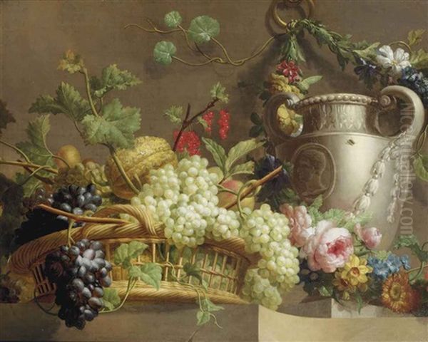 Red And White Grapes, A Melon, Red Currants And Peaches In A Wicker Basket With A Stone Vase Surrounded By A Floral Garland, All On A Stone Ledge Oil Painting by Pieter Faes