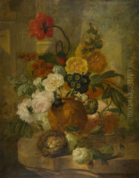 Blumenstraus Mit Rosen, Aurikeln, Schneeball Und Einem Vogelnest Auf Einer Steinernen Brustung Oil Painting by Pieter Faes