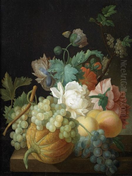 Roses, Carnations, Grapes And Peaches With A Butterfly On A Table-top Oil Painting by Pieter Faes