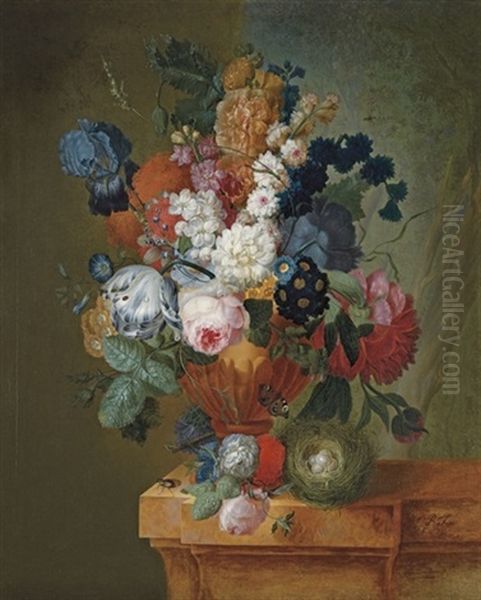 A Tulip, An Iris, Roses, Chrysanthemums, Polyanthas And Other Flowers Oil Painting by Pieter Faes