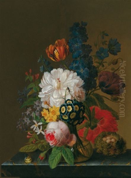 Blumenstillleben Mit Einer Glasvase Auf Einer Marmorplatte, Einem Wachteleinest Und Einer Schnecke Oil Painting by Pieter Faes