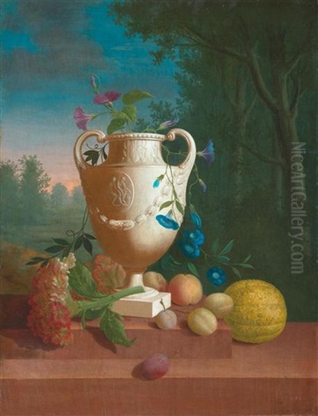 Eine Vase Und Fruchte Auf Einer Steinbrustung Vor Einer Landschaft Oil Painting by Pieter Faes