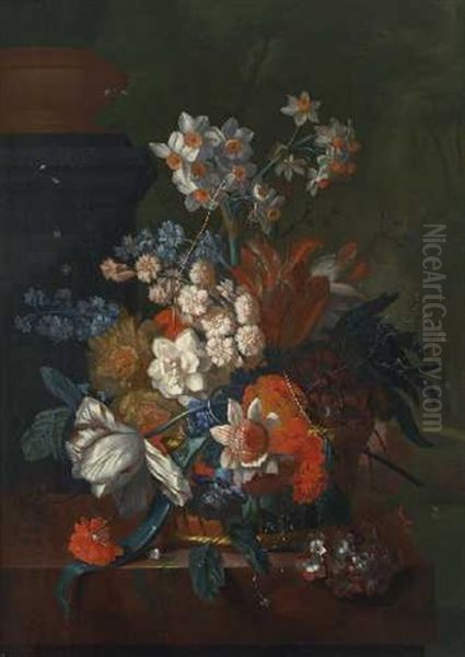 Stillleben Mit Tulpen, Narzissen Und Weiteren Bluten In Einem Korb Auf Einer Marmorbrustung Oil Painting by Pieter Faes